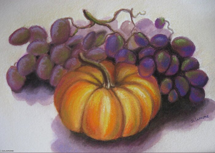 Fall Autumn Bounty Harvest Colors Pumpkin Grapes Purple Orange Rustic Greeting Card featuring the painting Fall Harvest by Brenda Salamone