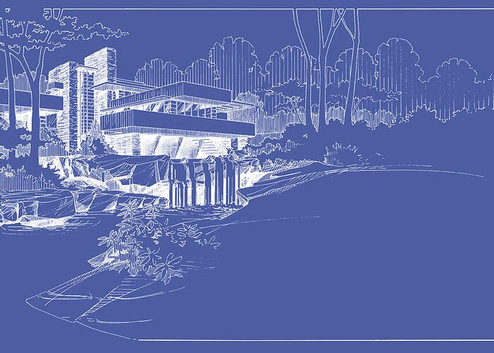 Fallingwater Greeting Card featuring the drawing Fallingwater blueprint reverse by Larry Hunter
