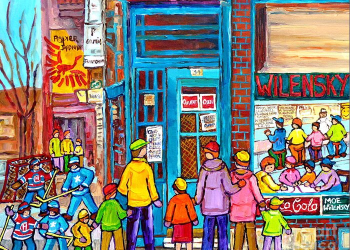 Montreal Greeting Card featuring the painting Family Day At Wilensky Lunch Counter Montreal Street Hockey Winter Scene Carole Spandau by Carole Spandau