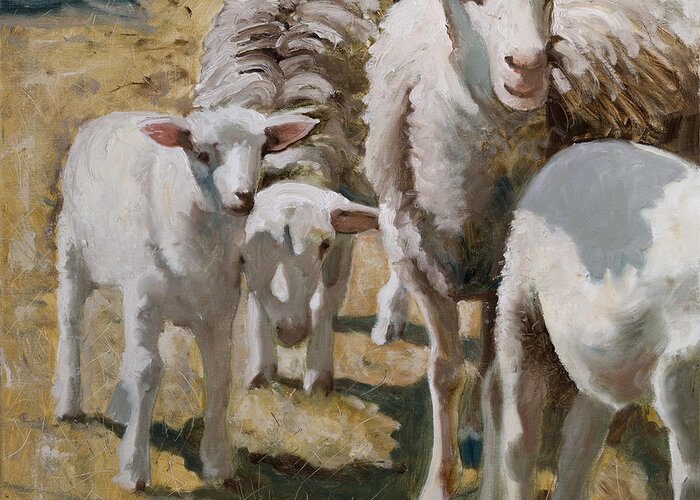 Farm Animals Greeting Card featuring the painting Family Of Sheep by John Reynolds