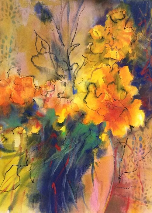 Yellow Flowers Greeting Card featuring the mixed media Fantasy Flowers by Karen Ann Patton