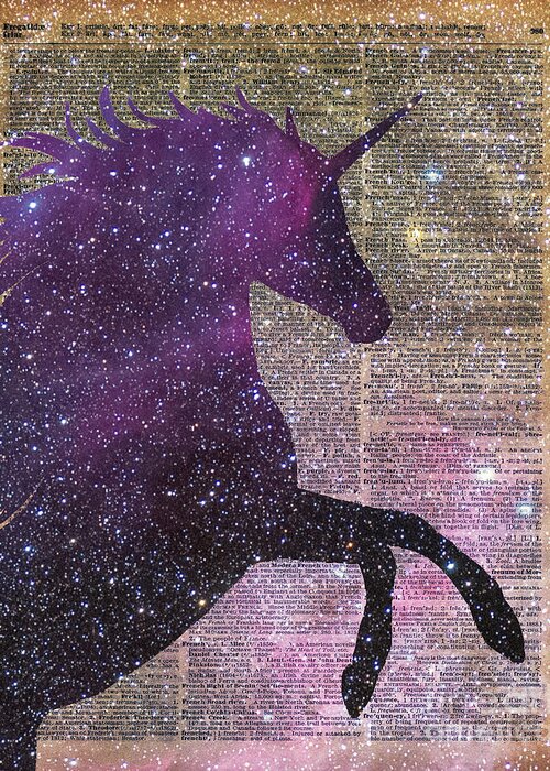 Fantasy Unicorn Greeting Card featuring the painting Fantasy Unicorn in the Space by Anna W
