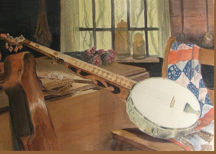 Banjo Acoustic Appalachian Quilt Cabin Bluegrass Frailing Old Time Antique Joe Clark Traditional Civil War Virginia Greeting Card featuring the painting Farewell to Thee Old Joe by Patsy Kline