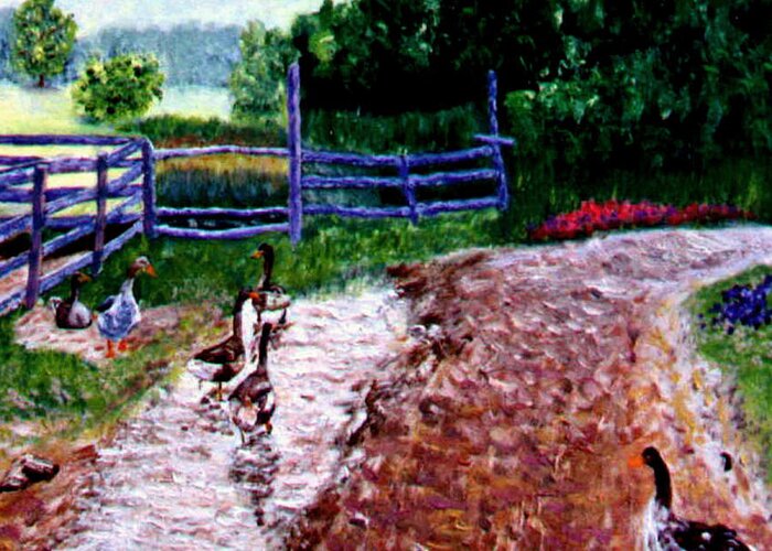 Farm Geese Greeting Card featuring the painting Farm Geese by Stan Hamilton