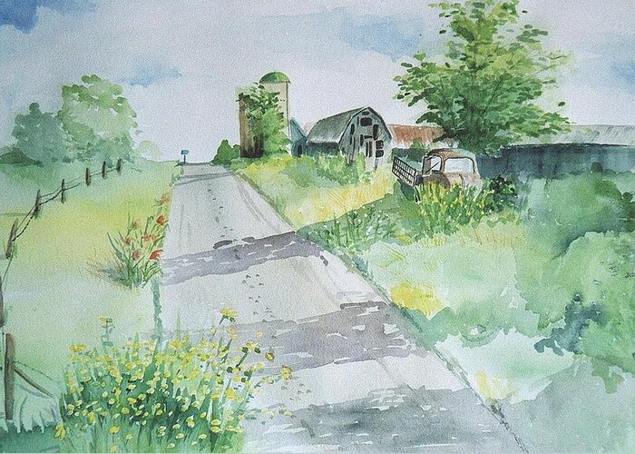 Greeting Card featuring the painting Farm Road by Christine Lathrop