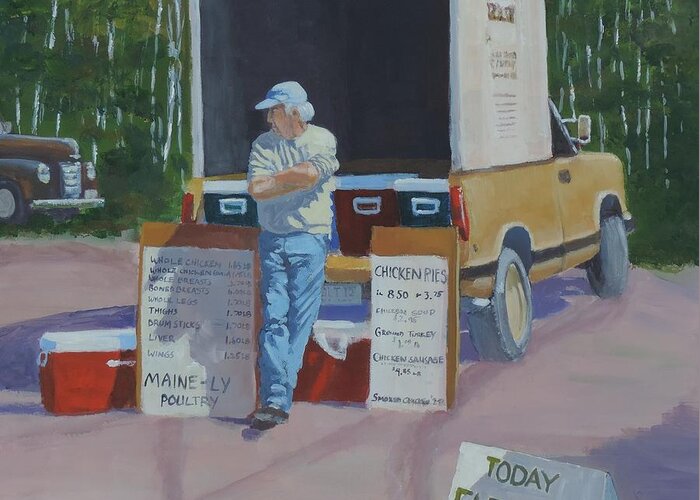 Saturday Greeting Card featuring the painting Farmers Market Patience - Art by Bill Tomsa by Bill Tomsa