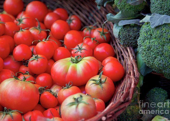 Tomato Greeting Card featuring the photograph Farmer's market tomatoes and broccoli by Bruce Block