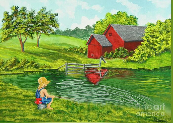 Country Kids Art Greeting Card featuring the painting Favorite Fishing Hole by Charlotte Blanchard