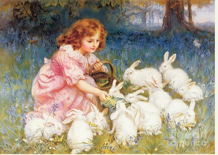 Feeding Greeting Card featuring the painting Feeding the Rabbits by Frederick Morgan