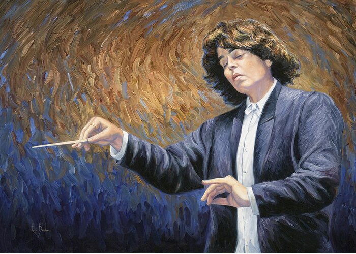 Orchestra Greeting Card featuring the painting Feeling the Music by Lucie Bilodeau