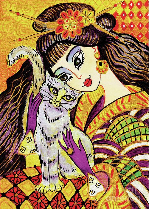 Woman And Cat Greeting Card featuring the painting Feline Rhapsody by Eva Campbell