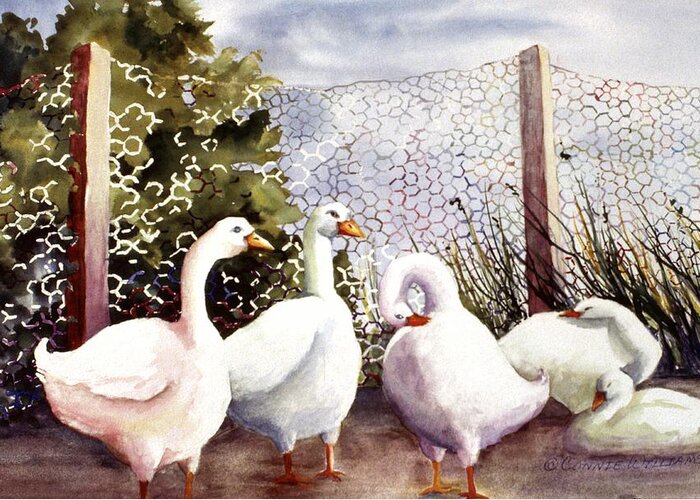 Animal Greeting Card featuring the painting Fenced In Quackers by Connie Williams