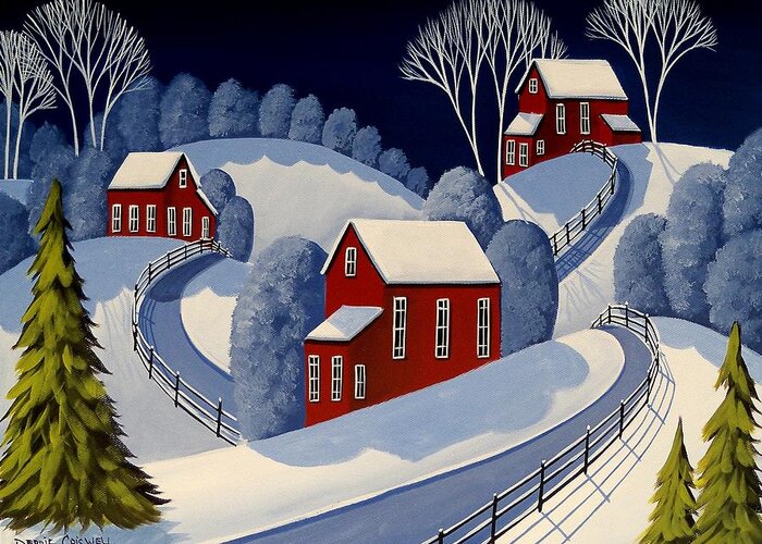 Winter Greeting Card featuring the painting Fenced Roads - folk art winter landscape by Debbie Criswell