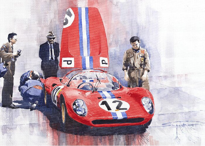 Watercolour Greeting Card featuring the painting Ferrari 206 SP Dino 1966 Nurburgring Pit Stop by Yuriy Shevchuk