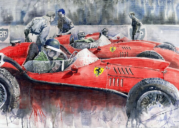 Car Greeting Card featuring the painting Ferrari Dino 246 F1 1958 Mike Hawthorn French GP by Yuriy Shevchuk
