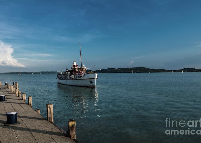 Approach Greeting Card featuring the photograph Ferry Ship approaches Harbor on Lake Balaton in Hungary by Andreas Berthold
