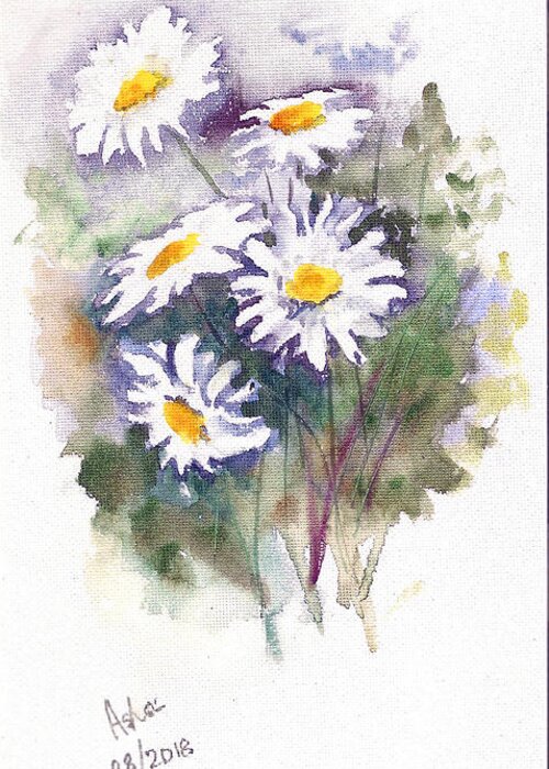 Daisies Small Greeting Card featuring the painting Five Daisies by Asha Sudhaker Shenoy