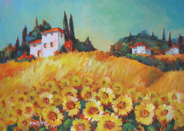 Landscape Greeting Card featuring the painting Fields of Tuscany by Marta Styk
