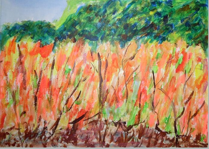 Fiery Bushes Greeting Card featuring the painting Fiery Bushes by Esther Newman-Cohen