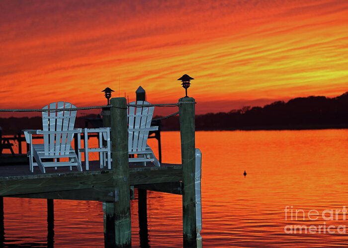 Landscape Greeting Card featuring the photograph Fiery Dock Sunset by Mary Haber