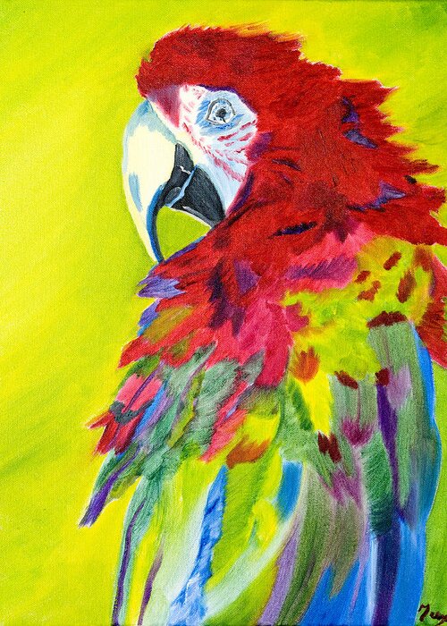 Red Parrot Greeting Card featuring the painting Fiery Feathers by Meryl Goudey