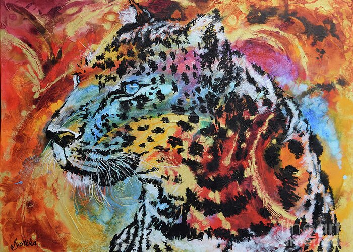 Leopard Greeting Card featuring the painting Fiery Gaze by Jyotika Shroff