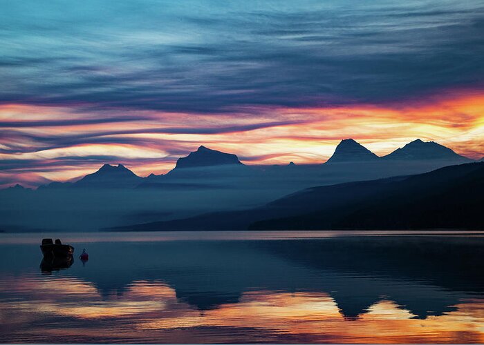 Glacier National Park Greeting Card featuring the photograph Fiery Sunrise at McDonald Lake, GNP by Lon Dittrick