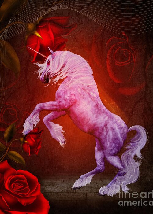 Unicorn Greeting Card featuring the digital art Fiery Unicorn Fantasy by Smilin Eyes Treasures