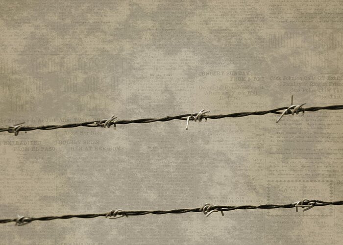 Prison Break Greeting Card featuring the photograph Fine Art Photograph Barbed Wire over Vintage News Print Breaking Out by Colleen Cornelius