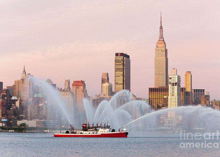 Clarence Holmes Greeting Card featuring the photograph Fire Boat and Manhattan Skyline I by Clarence Holmes