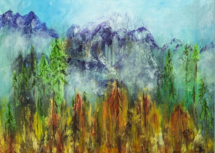 Landscape Greeting Card featuring the painting Fire in Glacier Park by Lucille Valentino