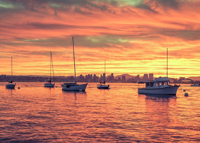 San Diego Greeting Card featuring the photograph Fire In The Sky San Diego Harbor by Joseph S Giacalone