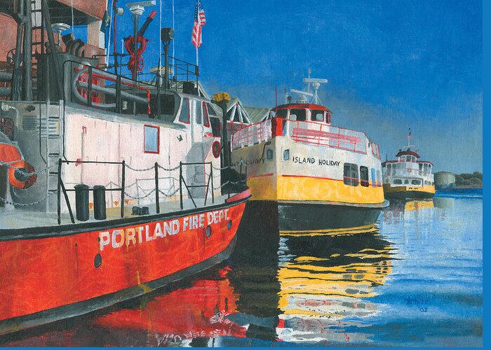 Fireboat Greeting Card featuring the painting Fireboat and Ferries by Dominic White
