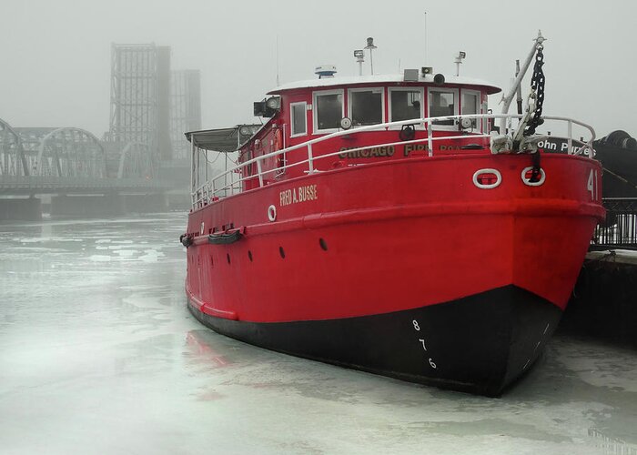 Sturgeon Bay Greeting Card featuring the photograph Fireboat in Winter Fog by David T Wilkinson