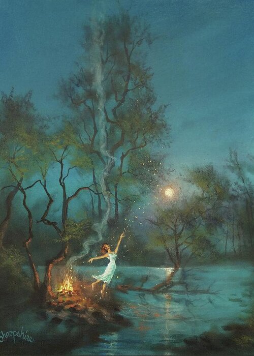 Midsummer’s Eve Greeting Card featuring the painting Fireflies and Moonlight by Tom Shropshire