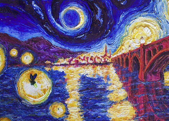 Wrightsville Bridge Greeting Card featuring the painting Fireflies Over Wrightsville Bridge at Night by Paris Wyatt Llanso