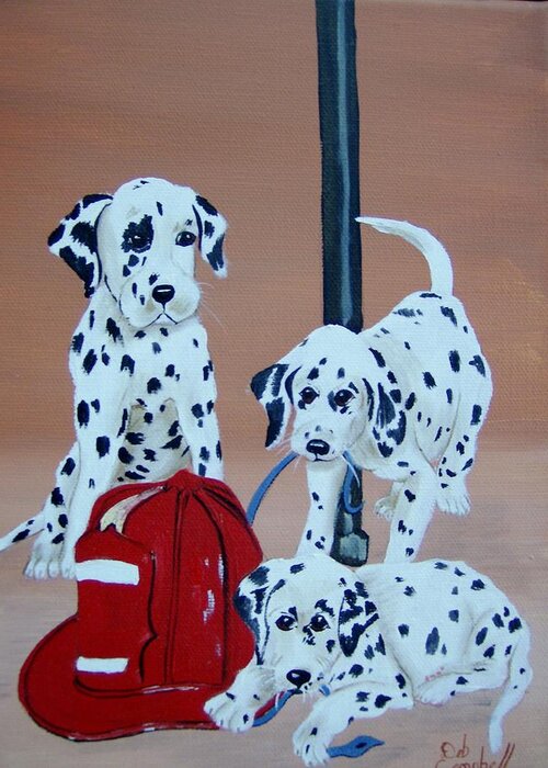 Dogs Greeting Card featuring the painting Firehouse Dalmations by Debra Campbell