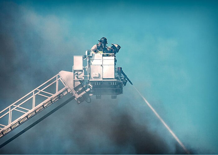 Aerial Greeting Card featuring the photograph Firemen Dousing Flames by Todd Klassy