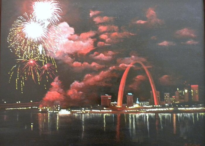 Fireworks Greeting Card featuring the painting Fireworks at the Arch by Marti Idlet