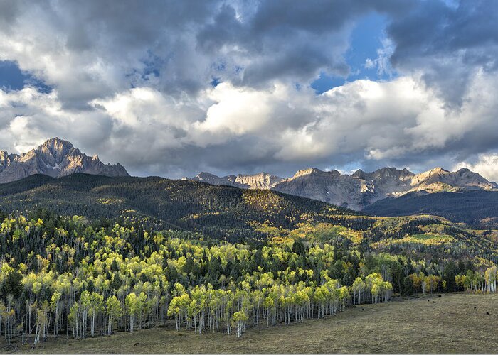 Autumn Greeting Card featuring the photograph First Light on the Sneffels Range by Denise Bush