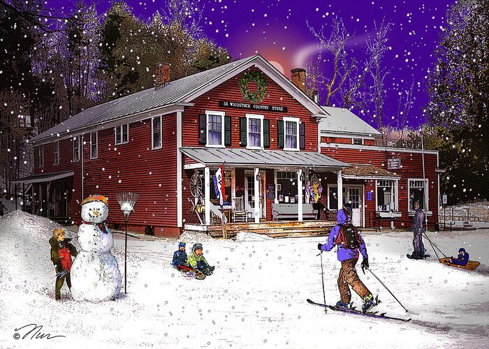 Country Greeting Card featuring the digital art First Snow at The South Woodstock Country Store by Nancy Griswold