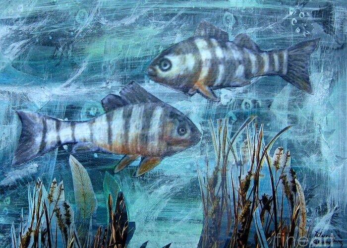 Perch Greeting Card featuring the mixed media Fish in Icy Water by Patricia Januszkiewicz