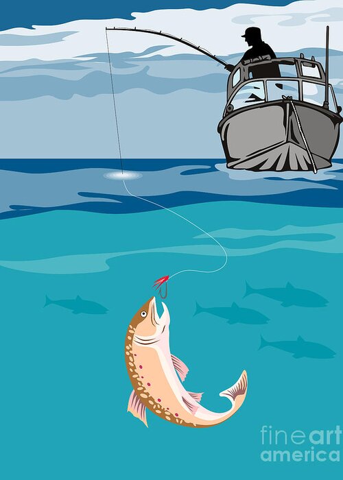 Fly Fisherman Greeting Card featuring the digital art Fisherman on boat trout by Aloysius Patrimonio
