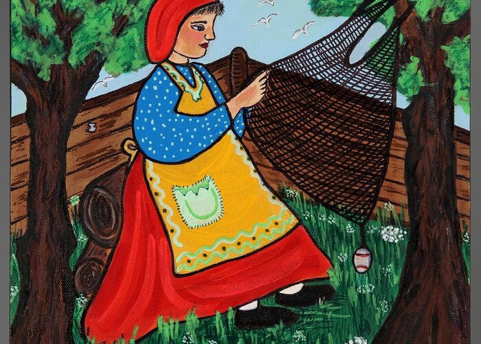 Fisherman Greeting Card featuring the painting Fisherman's Wife Repairing Net by Susie Grossman