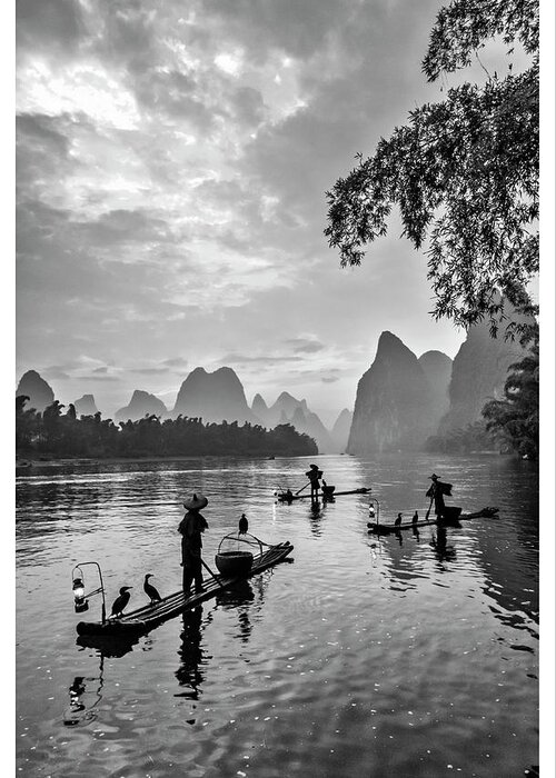 China Greeting Card featuring the photograph Fishermen at dawn. by Usha Peddamatham