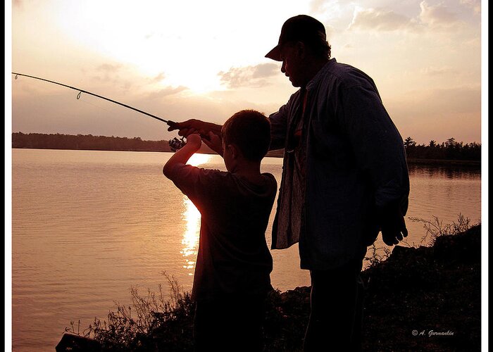 Grandfather Greeting Card featuring the photograph Fishing at Sunset Grandfather and Grandson by A Macarthur Gurmankin