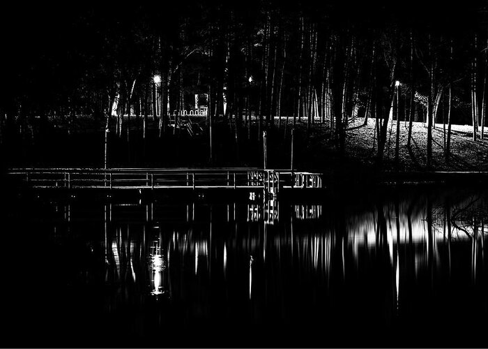 Shadow Lake Greeting Card featuring the photograph Fishing Dock At Night 2017 by Thomas Young