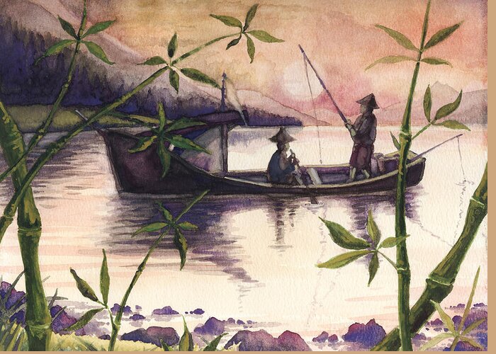 Fishing Greeting Card featuring the painting Fishing In The Sunset  by Alban Dizdari