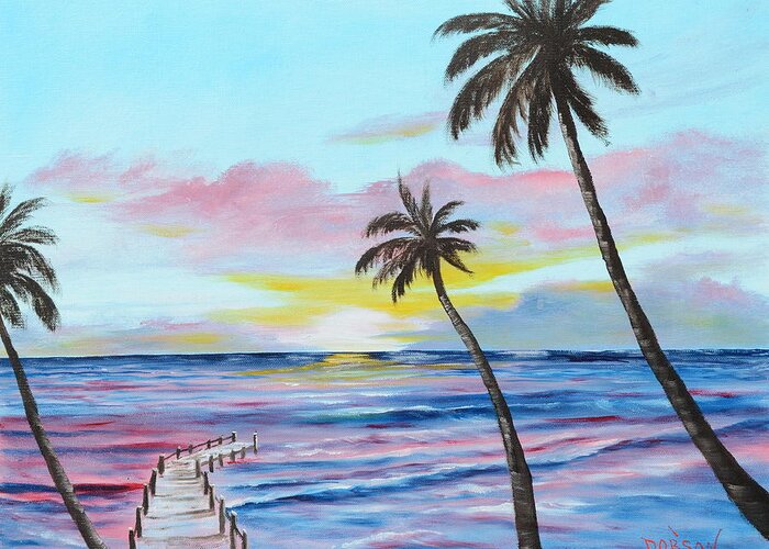 Ocean Pier Greeting Card featuring the painting Fishing Pier Sunset by Lloyd Dobson