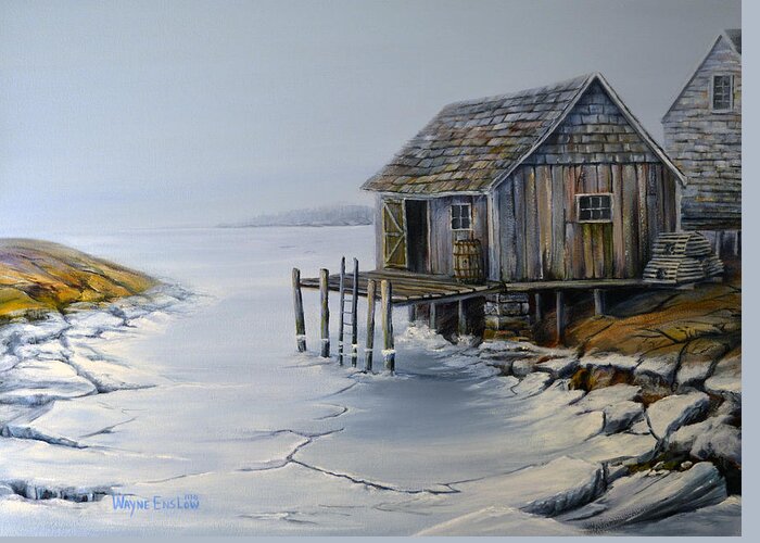 Seascape Greeting Card featuring the painting Fishing Shack Peggy's Cove by Wayne Enslow